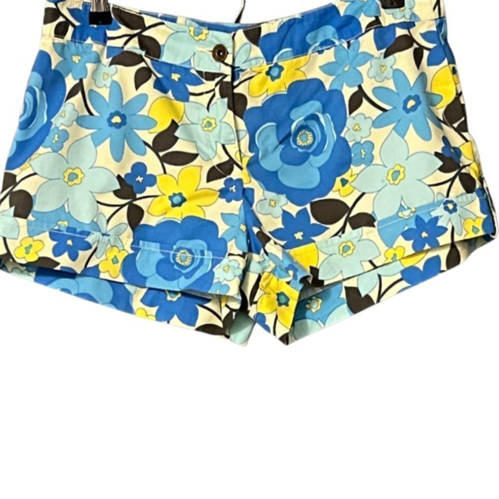 60's Retro Blue and Yellow Floral Cuffed Mid Rise Shorts Derek Heart